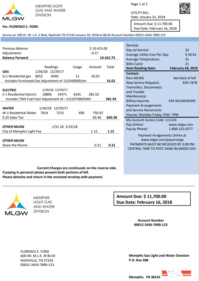 USA Tennessee MLGW utility bill template in Word and PDF format